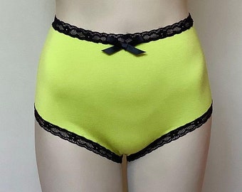 SALE - chartreuse high waist panties with black lace elastic & satin bow - Nastassja in chartreuse