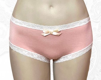 SALE - pink bamboo hipster panties with ivory lace elastic & satin bows - Drew in Ballet Slipper