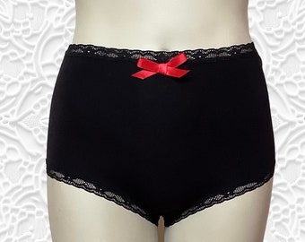 black bamboo high waist panties with black lace elastic and red satin bow - Rizzo in noir