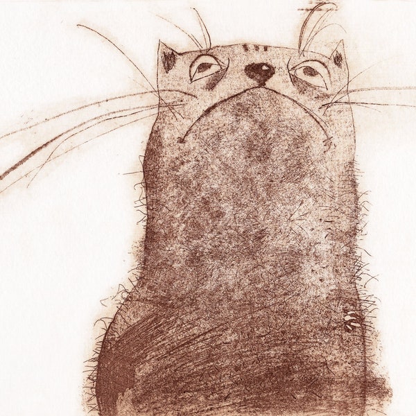 Etching - cat etching - cat art - printmaking - fine art etching - original etching - original art - 'The Cat'