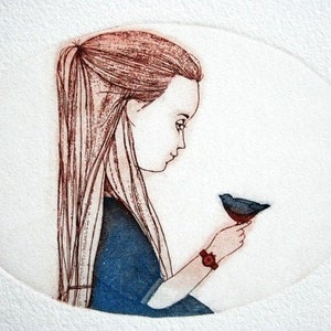 Etching - girl etching - bird etching - bird art - printmaking - fine art etching - original etching - original art - 'Her little Birdie'
