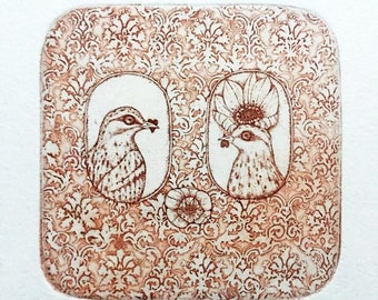 Etching - love etching - bird etching - bird art - printmaking - fine art etching - original etching - original art - 'He and She'