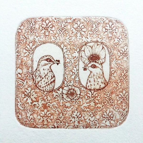 Etching - love etching - bird etching - bird art - printmaking - fine art etching - original etching - original art - 'He and She'