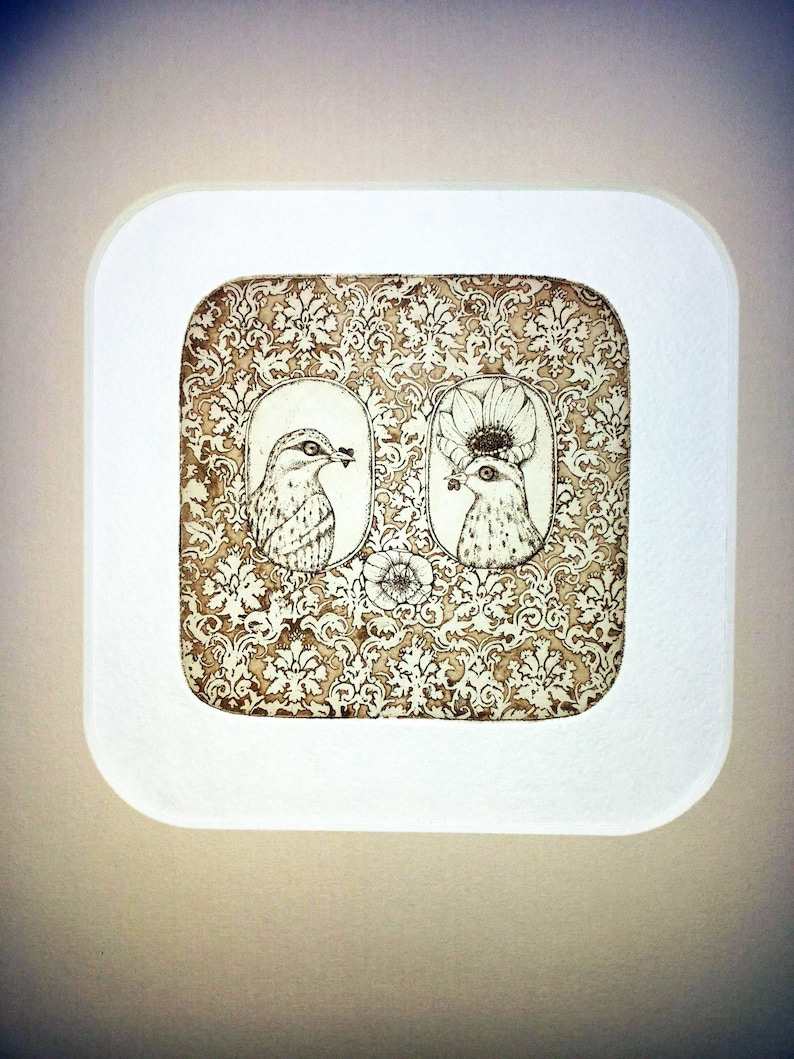 Etching love etching bird etching bird art printmaking fine art etching original etching original art 'He and She' image 2