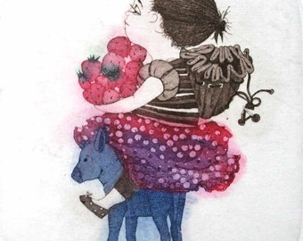 Etching - girl etching - berry etching - berry art - printmaking - fine art etching - original etching - original art - 'Girl with Berries'