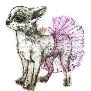 Etching - dog etching - dog art - printmaking - fine art etching - original etching - original art - &#39;Dog with a Tutu&#39;