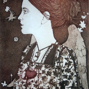 Etching - angel etching - angel art - printmaking - fine art etching - original etching - original art - &#39;Angel II&#39;