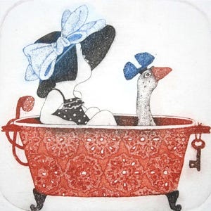 Etching - girl etching - goose etching - goose art - printmaking - fine art etching - original etching - original art - &#39;Girl in a Bath&#39;