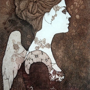 Etching - angel etching - angel art - printmaking - fine art etching - original etching - original art - &#39;Angel I&#39;
