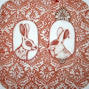 Eau-forte - eau-forte amour - gravure de lapin - art de lapin - gravure - gravure d'art - eau-forte originale - art original - « Lui et elle 2 »