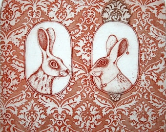 Etching - love etching - rabbit etching - rabbit art - printmaking - fine art etching - original etching - original art - 'He and She 2'