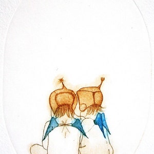 Etching - love etching - angel etching - angel art - printmaking - fine art etching - original etching - original art -  &#39;Little Souls&#39;