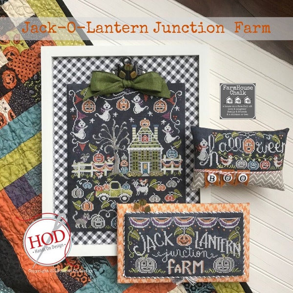 Counted Cross Stitch Pattern, Jack-O-Lantern Junction Farm, Farmhouse Chalk, Pumpkins, Ghosts, Goats, Pick-Up, Hands On Design, PATTERN ONLY