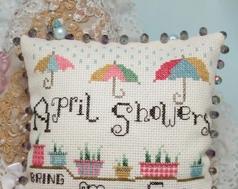 Counted Cross Stitch Pattern, April Showers, Spring Series, Pillow Ornament, Flowers, Carolyn Robbins, KiraLyns Needlearts, PATTERN ONLY