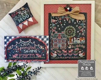 Counted Cross Stitch Pattern, Star Spangled Swine Farm, Chalk Artwork, Patriotic, Americana, Farmhouse Decor, Hands On Design, PATTERN ONLY