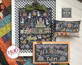 Counted Cross Stitch Pattern, Jack-O-Lantern Junction Farm, Farmhouse Chalk, Pumpkins, Ghosts, Goats, Pick-Up, Hands On Design, PATTERN ONLY