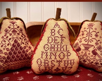 Counted Cross Stitch, Redwork Pears, Pillow Ornaments, Bowl Fillers, Monochromatic, Primitive, Annie Beez Folk Art, PATTERN ONLY