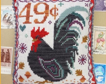 Counted Cross Stitch Pattern, Japanese Bantam, Air Mail October, Monthly Bird Stamps, Rooster, Hearts, Leaves, Lindy Stitches, PATTERN ONLY
