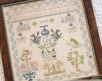 Counted Cross Stitch Pattern, AT 1797, Alphabet Sampler, Crowns, Country Rustic, Birds, Flower Motifs, Little Robin Designs, PATTERN ONLY