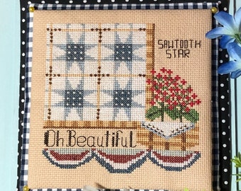 Counted Cross Stitch Pattern, Sawtooth Star, Patrotic, Americana, Banners, Carolyn Robbins, KiraLyns Needlearts. PATTERN ONLY