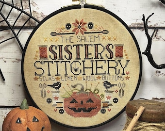 Counted Cross Stitch, Salem Sisters Stitchery, Halloween Decor, Pumpkin Pincushion, Lindsey Weight, Primrose Cottage Stitches