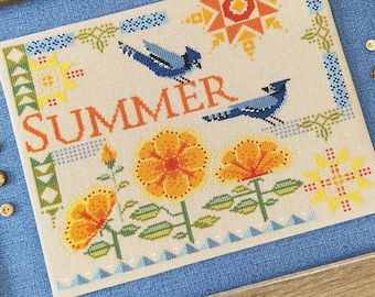 Counted Cross Stitch Pattern, Courier Duos: Summer Blue Jays, Pillow, Summer Decor, Flower Motif, Robin Pickens, Pattern ONLY