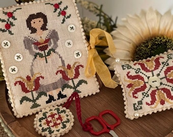 Counted Cross Stitch Pattern, Peaceful Garden Sewing Set, Needle Book, Scissor Fob, Mani Di Donna, PATTERN ONLY