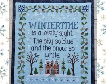 Counted Cross Stitch Pattern, Wintertime Sampler, Evergreens, Pine Cone Border, Snowflakes, Winter Decor, Waxing Moon Designs, PATTERN ONLY