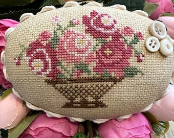 Counted Cross Stitch Pattern, Suzy's Peony Pincushion, Spring Decor, Pillow Ornament, Bowl Filler, Rebel Stitcher, PATTERN ONLY