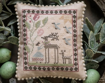 Counted Cross Stitch Pattern, Spring Beginnings, Pillow Ornament, Bowl Filler, Deer, Flowers, Plum Street Samplers, PATTERN ONLY