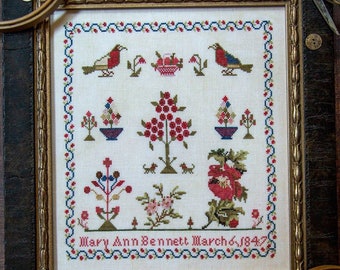 Counted Cross Stitch Pattern, Mary Ann Bennett 1847, Country Rustic, Birds, Flower Motifs, English, Little Robin Designs, PATTERN ONLY