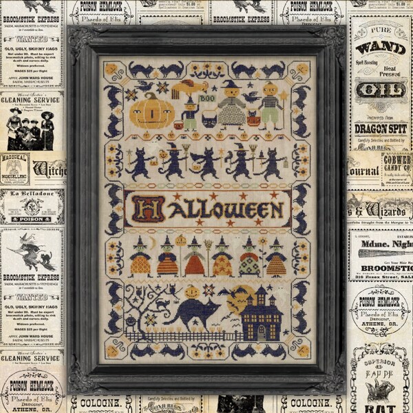 Counted Cross Stitch Pattern, Hello Halloween, Primitive Rustic, Halloween Decor, Black Cat, Witch, Teresa Kogut, PATTERN ONLY