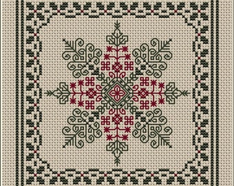 Counted Cross Stitch Pattern, Holly and Pine Snowflake, Christmas, Holly Border, Pine Tree Motifs, Happiness is Heart Made, PATTERN ONLY