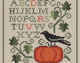 Counted Cross Stitch Pattern, Autumn Crow and Pumpkin, Vine Motif, Autumn Decor, Alphabet Sampler, Happiness is Heart Made, PATTERN ONLY