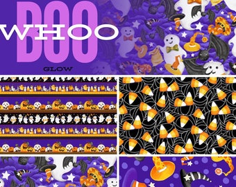Quilt Fabric, Boo Whoo, Glow in the Dark Fabric, Halloween Fabric, Pumpkins, Ghosts, Witch Hats, Bats, Gail Green, Henry Glass Fabrics