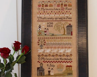 Counted Cross Stitch, Red, Red Rose Sampler, Country Rustic, Colonial, Wedding Sampler, Cosford Rise Stitchery, PATTERN ONLY