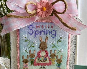 PRE-Order, Counted Cross Stitch Pattern, Hello Spring, Bunny Rabbits, Easter Decor, Floral Motifs, Annie Beez, PATTERN ONLY