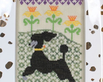 Counted Cross Stitch Pattern, Frolicking in the Daffodils, Dogs in the Garden Series, Pillow Ornament, Poodle, Lindy Stitches, PATTERN ONLY
