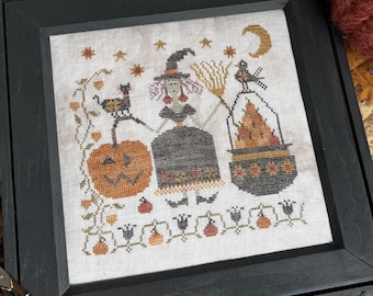 Counted Cross Stitch Pattern, Drusella's Pumpkin Stew, Autumn Decor, Halloween Decor, Witch, Pansy Patch Quilts and Stitchery, PATTERN ONLY