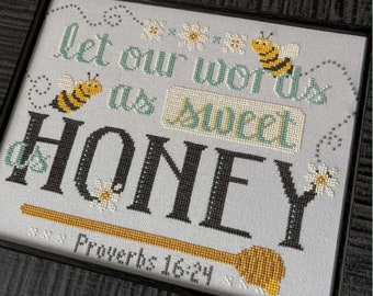 Counted Cross Stitch Pattern, Sweet as Honey, Pillow, Summer Decor, Bees, Proverbs 16:24, Crafty Bluebonnet, PATTERN ONLY