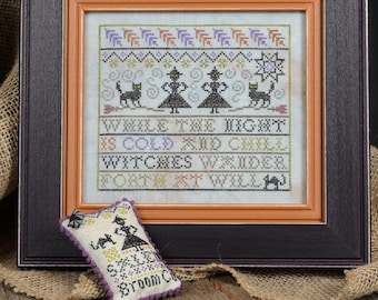 Counted Cross Stitch Pattern, Witches Wander, Primitive Rustic, Halloween Decor, Witches, Black Cats, Pillow, Erica Michaels, PATTERN Only