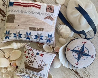 Counted Cross Stitch Pattern, Calling of the Sea, Pin Keeps, Pin Disk, Nautical Motifs, Sealife, Stacy Nash Designs, PATTERN ONLY