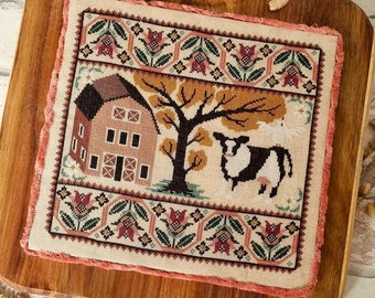 Counted Cross Stitch, Pink Barn, Country Chic, Tulip Motifs, Farmyard Decor, Cow, Gigi Reavis, The Artsy Housewife, PATTERN ONLY