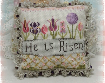 Counted Cross Stitch Pattern, He is Risen, Easter Decor, Tulips, Religion, Inspirational, Carolyn Robbins, KiraLyns Needlearts. PATTERN ONLY