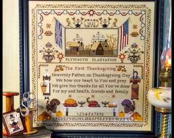 Counted Cross Stitch Pattern, The First Thanksgiving, Pilgrims, American Flag, Sampler, Country Rustic, Twin Peak Primitives, PATTERN ONLY