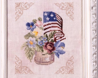 Counted Cross Stitch Pattern, Patriotic Bouquet, American Flag, Summer Decor, Corner Motif, Samplers and Primitives, PATTERN ONLY