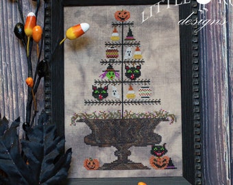 Counted Cross Stitch Pattern, Halloween Feather Tree, Country Rustic, Halloween Decor, Witch Face, Ghost, Little Robin Designs, PATTERN ONLY