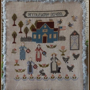May include: A cross-stitch embroidery of a schoolhouse with the text "Needlework School" above it. The schoolhouse is blue with brown trim and has a red roof. There are trees, flowers, and birds surrounding the schoolhouse. There are also children in front of the schoolhouse.