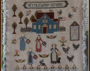 Counted Cross Stitch Pattern, Needlework School, Schoolhouse, Chickens, Rabbits, 32ct Old England Linen, Nikyscreations, KIT ONLY