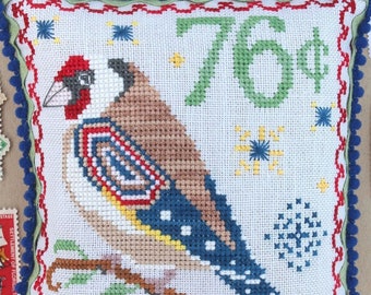 Counted Cross Stitch Pattern, European Goldfinch, Garden Decor, Patriotic, Cottage Chic, Air Mail Series, July, Lindy Stitches, PATTERN ONLY